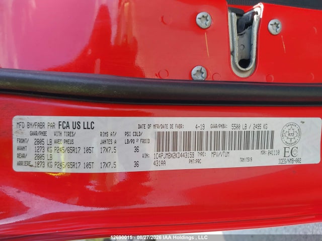 Продажа на аукционе авто 2019 Jeep Cherokee Trailhawk, vin: 1C4PJMBX2KD443159, номер лота: 12690015