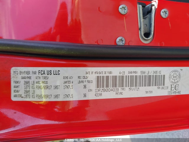 Продажа на аукционе авто 2019 Jeep Cherokee Trailhawk, vin: 1C4PJMBX2KD443159, номер лота: 12690015