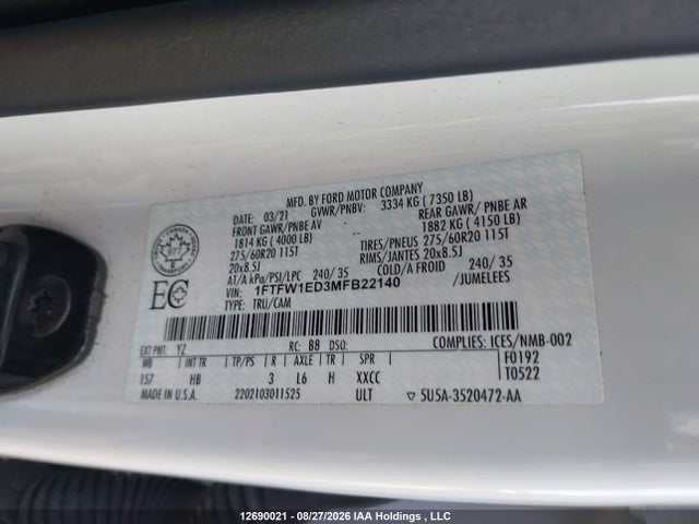12690021 :رقم المزاد ، 1FTFW1ED3MFB22140 vin ، 2021 Ford F150 Supercrew مزاد بيع