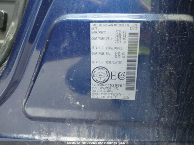 Продажа на аукционе авто 2018 Nissan Pathfinder S/sv/sl/platinum, vin: 5N1DR2MM7JC629962, номер лота: 12690022