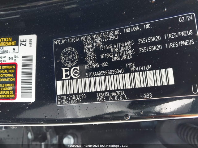 5TDAAAB55RS039340 Toyota Grand Highlander Limited/xle
