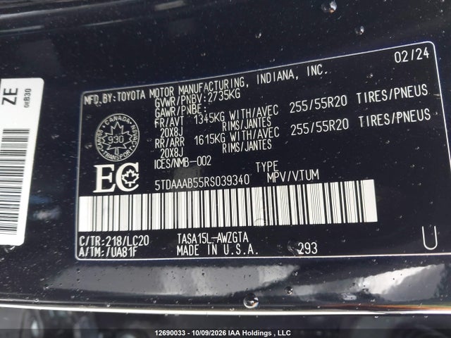 5TDAAAB55RS039340 Toyota Grand Highlander Limited/xle