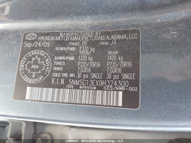 Продаж на аукціоні авто 2009 Hyundai Santa Fe Gl/gls, vin: 5NMSG13EX9H324300, номер лоту: 12690037