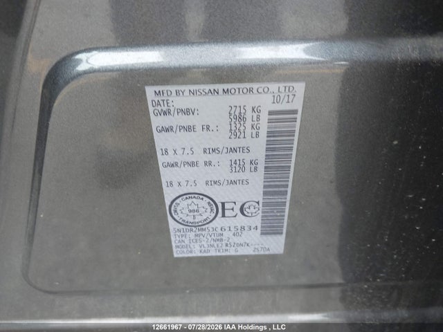 5N1DR2MM5JC615834 Nissan Pathfinder Midnight Edition/platinum/s/sl Premium/sv Tech