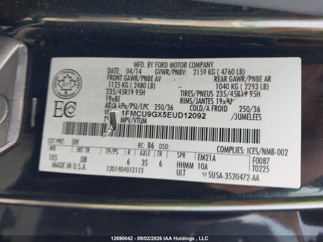 12690042 :رقم المزاد ، 1FMCU9GX5EUD12092 vin ، 2014 Ford Escape Se مزاد بيع