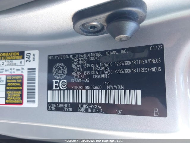 Продаж на аукціоні авто 2022 Toyota Sienna Le/xle/xse/limited/platinum, vin: 5TDGSKFC9NS053600, номер лоту: 12690047