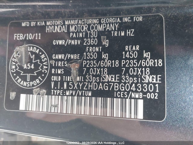 Aukcja sprzedaży 2011 Hyundai Santa Fe Limited 3.5, vin: 5XYZHDAG7BG043301, numer aukcji: 12690052