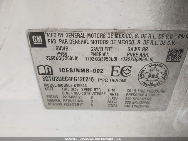 2015 Gmc Sierra 1500 მანქანა იყიდება აუქციონზე, vin: 3GTU2UEC4FG120216, აუქციონის ნომერი: 12690063