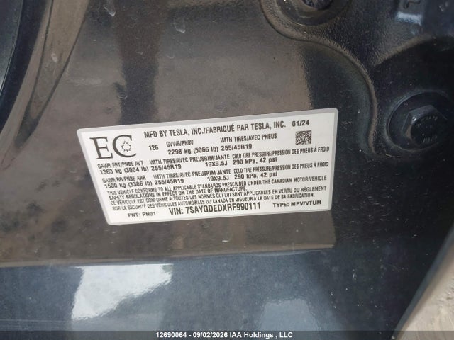 2024 Tesla Model Y Long Range/rwd მანქანა იყიდება აუქციონზე, vin: 7SAYGDEDXRF990111, აუქციონის ნომერი: 12690064