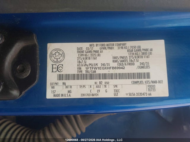 12690068 :رقم المزاد ، 1FTFW1EGXHFB69942 vin ، 2017 Ford F-150 مزاد بيع