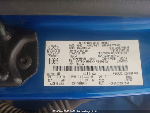 12690068 :رقم المزاد ، 1FTFW1EGXHFB69942 vin ، 2017 Ford F-150 مزاد بيع