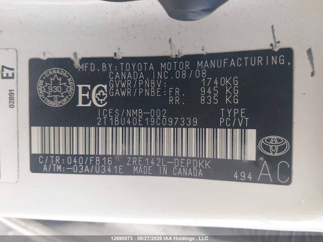 12690073 :رقم المزاد ، 2T1BU40E19C097339 vin ، 2009 Toyota Corolla S/le/xle مزاد بيع