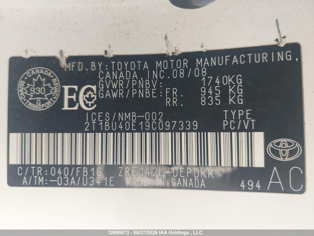 12690073 :رقم المزاد ، 2T1BU40E19C097339 vin ، 2009 Toyota Corolla S/le/xle مزاد بيع