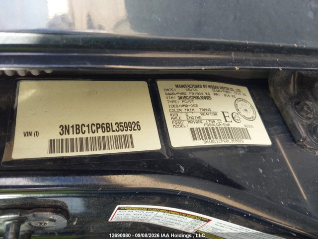 2011 Nissan Versa 1.8s მანქანა იყიდება აუქციონზე, vin: 3N1BC1CP6BL359926, აუქციონის ნომერი: 12690080