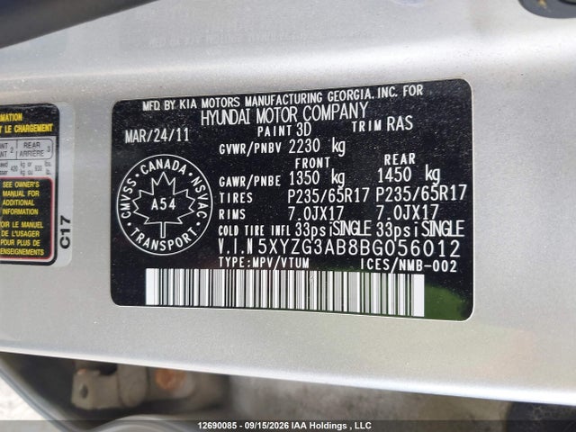 12690085 :رقم المزاد ، 5XYZG3AB8BG056012 vin ، 2011 Hyundai Santa Fe Gls مزاد بيع