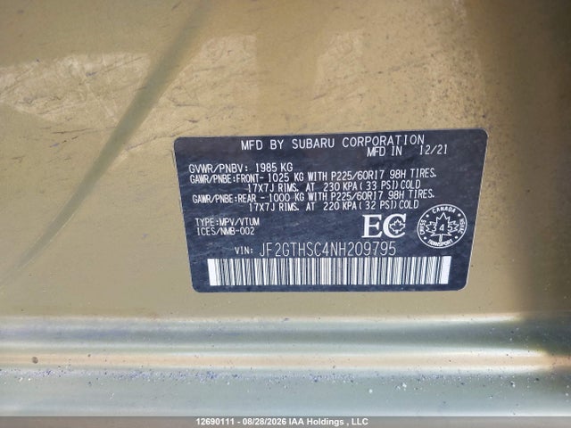 12690111 :رقم المزاد ، JF2GTHSC4NH209795 vin ، 2022 Subaru Crosstrek Convenience/outdoor مزاد بيع