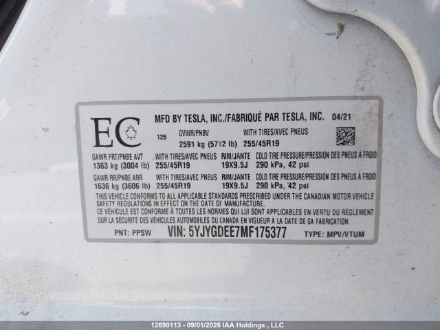 Aukcja sprzedaży 2021 Tesla Model Y Long Range, vin: 5YJYGDEE7MF175377, numer aukcji: 12690113