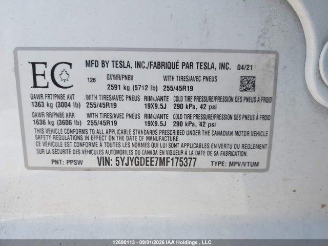 Aukcja sprzedaży 2021 Tesla Model Y Long Range, vin: 5YJYGDEE7MF175377, numer aukcji: 12690113