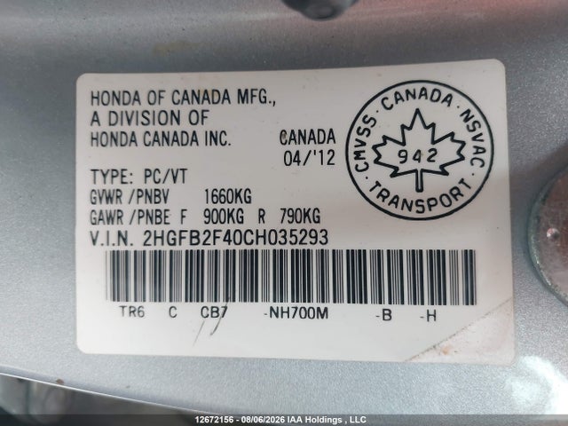 Продаж на аукціоні авто 2012 Honda Civic Lx, vin: 2HGFB2F40CH035293, номер лоту: 12672156