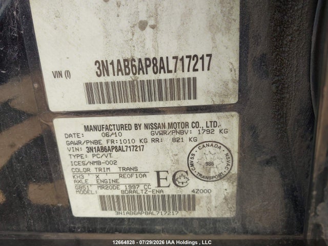 2010 Nissan Sentra 2.0s მანქანა იყიდება აუქციონზე, vin: 3N1AB6AP8AL717217, აუქციონის ნომერი: 12664828