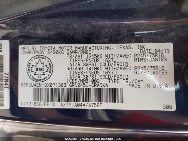 12660698 :رقم المزاد ، 5TFUU4EN1DX071383 vin ، 2013 Toyota Tacoma Base V6 مزاد بيع