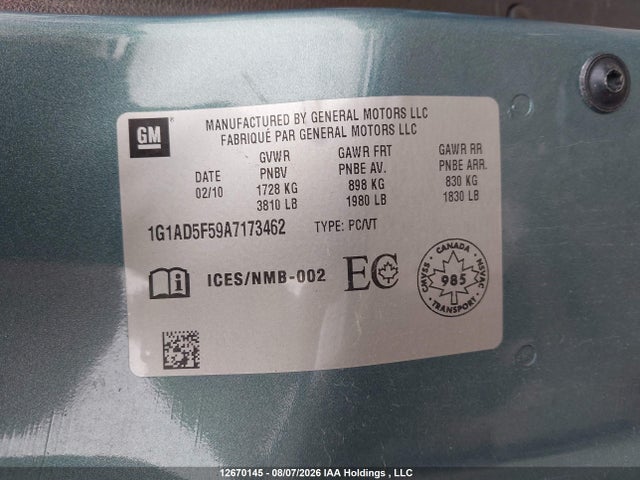 Продажа на аукционе авто 2010 Chevrolet Cobalt Lt W/1sa, vin: 1G1AD5F59A7173462, номер лота: 12670145