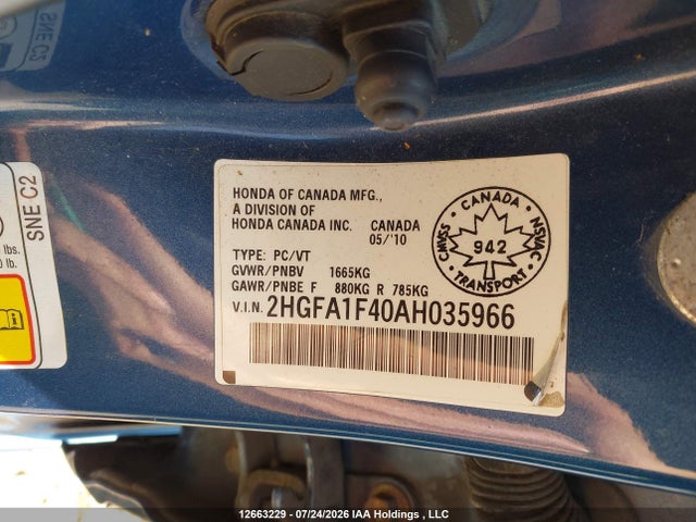 12663229 :رقم المزاد ، 2HGFA1F40AH035966 vin ، 2010 Honda Civic Dx-g مزاد بيع