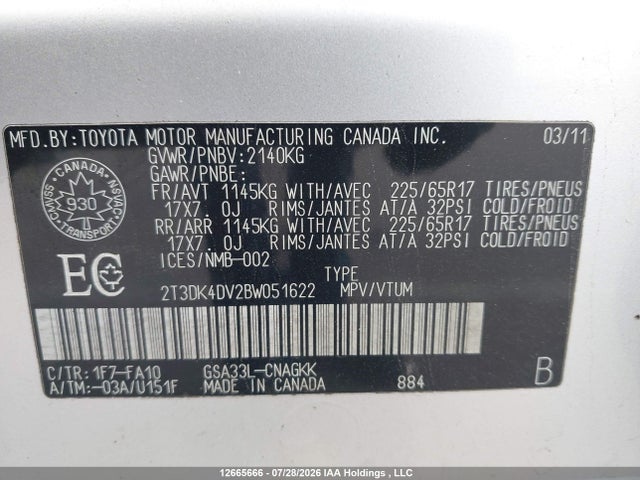 2011 Toyota Rav4 Limited V6 მანქანა იყიდება აუქციონზე, vin: 2T3DK4DV2BW051622, აუქციონის ნომერი: 12665666
