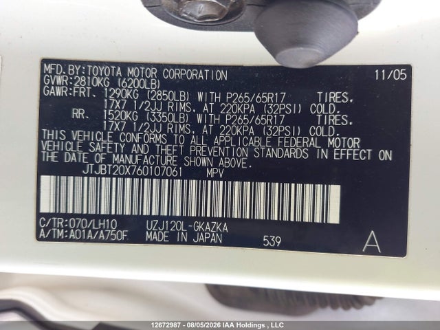 Aukcja sprzedaży 2006 Lexus Gx 470 470, vin: JTJBT20X760107061, numer aukcji: 12672987