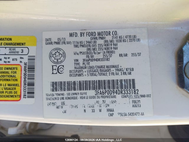 Продажа на аукционе авто 2013 Ford Fusion Titanium, vin: 3FA6P0D94DR333182, номер лота: 12690124