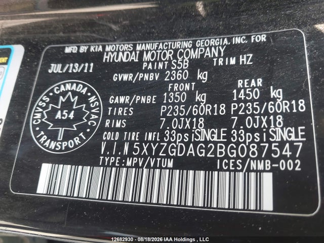 2011 Hyundai Santa Fe Gl 3.5 Sport მანქანა იყიდება აუქციონზე, vin: 5XYZGDAG2BG087547, აუქციონის ნომერი: 12682930