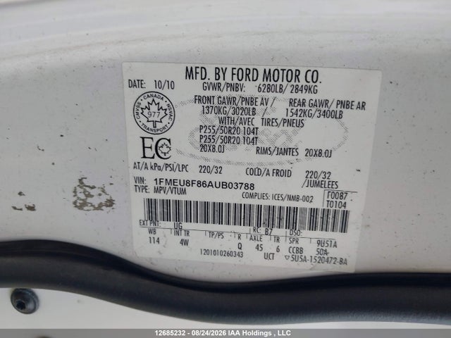 Продажа на аукционе авто 2010 Ford Explorer Limited, vin: 1FMEU8F86AUB03788, номер лота: 12685232