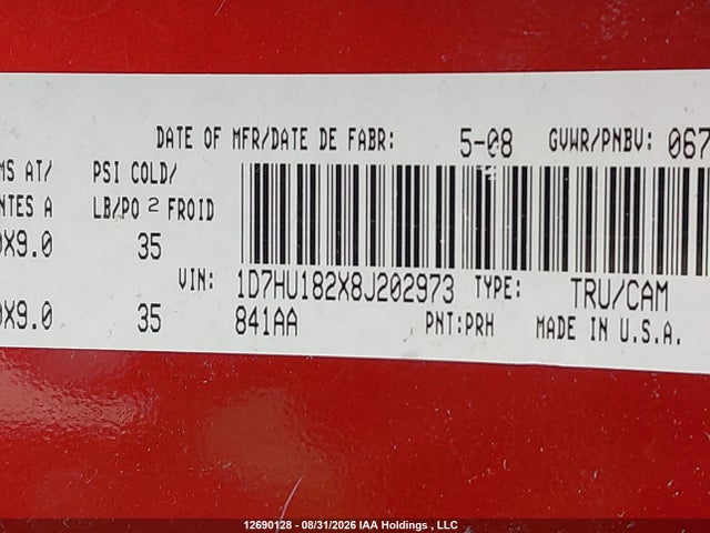 Aukcja sprzedaży 2008 Dodge Ram 1500 St/slt, vin: 1D7HU182X8J202973, numer aukcji: 12690128