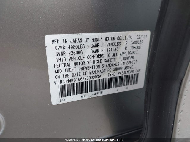 12690136 :رقم المزاد ، JH4KB16627C003039 vin ، 2007 Acura Rl مزاد بيع