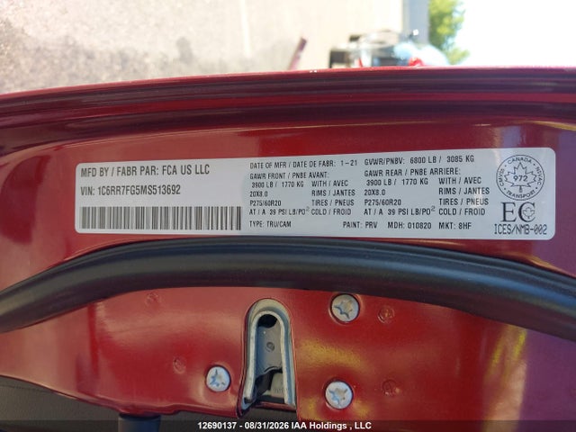 12690137 :رقم المزاد ، 1C6RR7FG5MS513692 vin ، 2021 Ram 1500 Classic Tradesman مزاد بيع