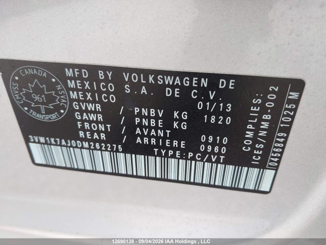 Продаж на аукціоні авто 2013 Volkswagen Jetta 2.0l Trendline/2.0l Trendline+, vin: 3VW1K7AJ0DM262275, номер лоту: 12690138