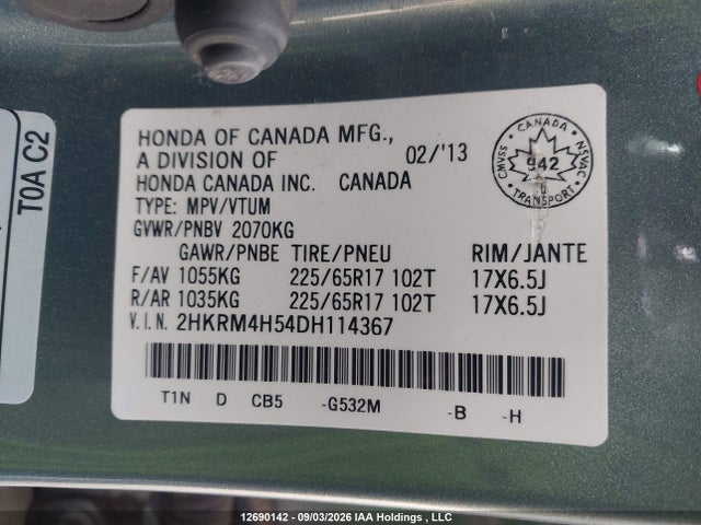 Продаж на аукціоні авто 2013 Honda Cr-v Ex, vin: 2HKRM4H54DH114367, номер лоту: 12690142