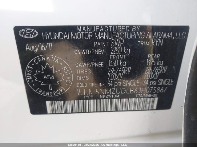 5NMZUDLB6JH075867 Hyundai SANTA FE SPORT