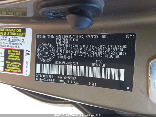 12686316 :رقم المزاد ، 4T3BK3BB6BU057028 vin ، 2011 Toyota Venza Base V6 مزاد بيع