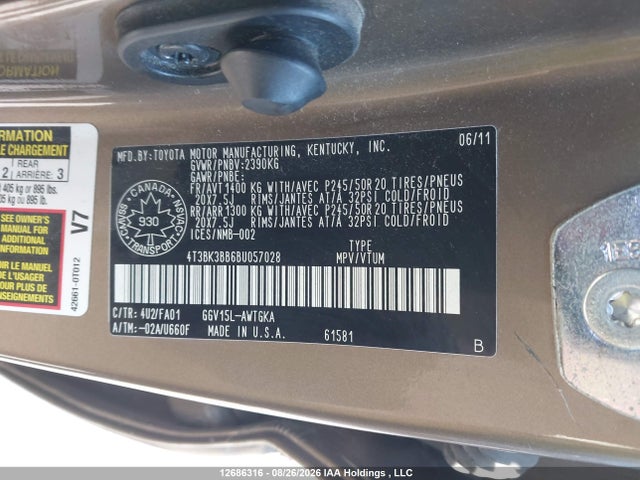 12686316 :رقم المزاد ، 4T3BK3BB6BU057028 vin ، 2011 Toyota Venza Base V6 مزاد بيع
