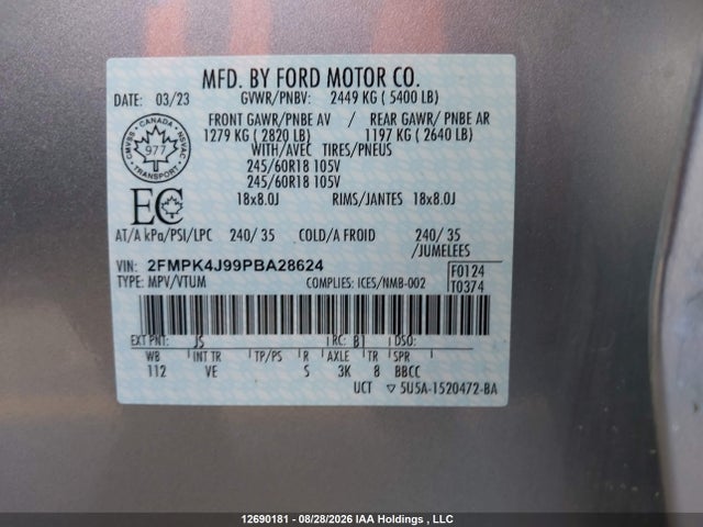Продаж на аукціоні авто 2023 Ford Edge Sel, vin: 2FMPK4J99PBA28624, номер лоту: 12690181