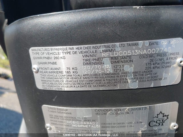12690182 :رقم المزاد ، RFLDC0513NA007745 vin ، 2022 Adly Scooter مزاد بيع