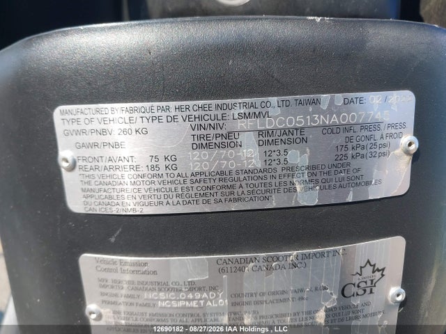 12690182 :رقم المزاد ، RFLDC0513NA007745 vin ، 2022 Adly Scooter مزاد بيع