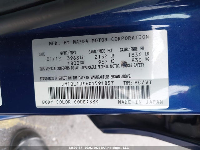 12690187 :رقم المزاد ، JM1BL1UF6C1591857 vin ، 2012 Mazda Mazda3 Gx مزاد بيع