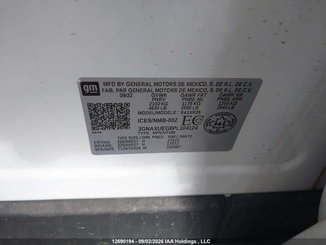 2023 Chevrolet Equinox Lt მანქანა იყიდება აუქციონზე, vin: 3GNAXUEG8PL104124, აუქციონის ნომერი: 12690194