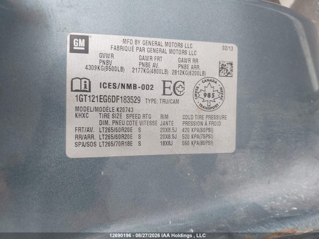 12690196 :رقم المزاد ، 1GT121EG6DF183529 vin ، 2013 Gmc Sierra K2500 Slt مزاد بيع