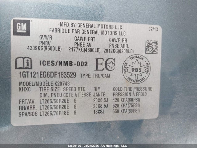 12690196 :رقم المزاد ، 1GT121EG6DF183529 vin ، 2013 Gmc Sierra K2500 Slt مزاد بيع