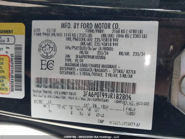 Ford FUSION SE 2018 3FA6P0T99JR182806 Image 19