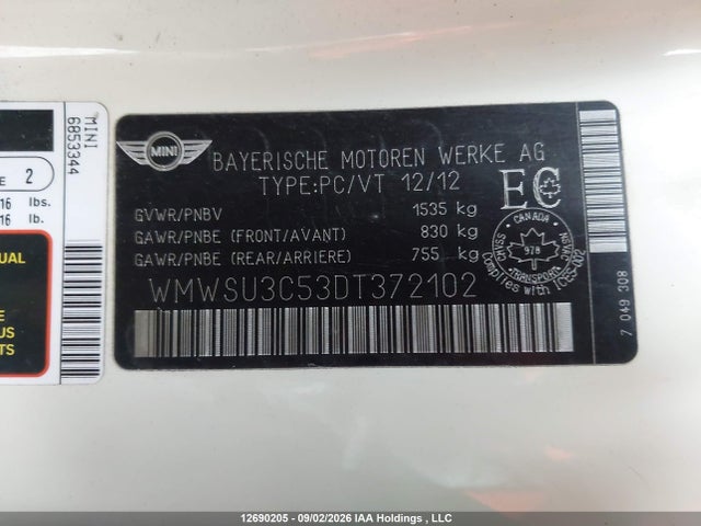 Aukcja sprzedaży 2013 Mini Hatch Cooper, vin: WMWSU3C53DT372102, numer aukcji: 12690205