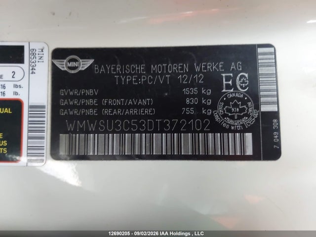 Aukcja sprzedaży 2013 Mini Hatch Cooper, vin: WMWSU3C53DT372102, numer aukcji: 12690205
